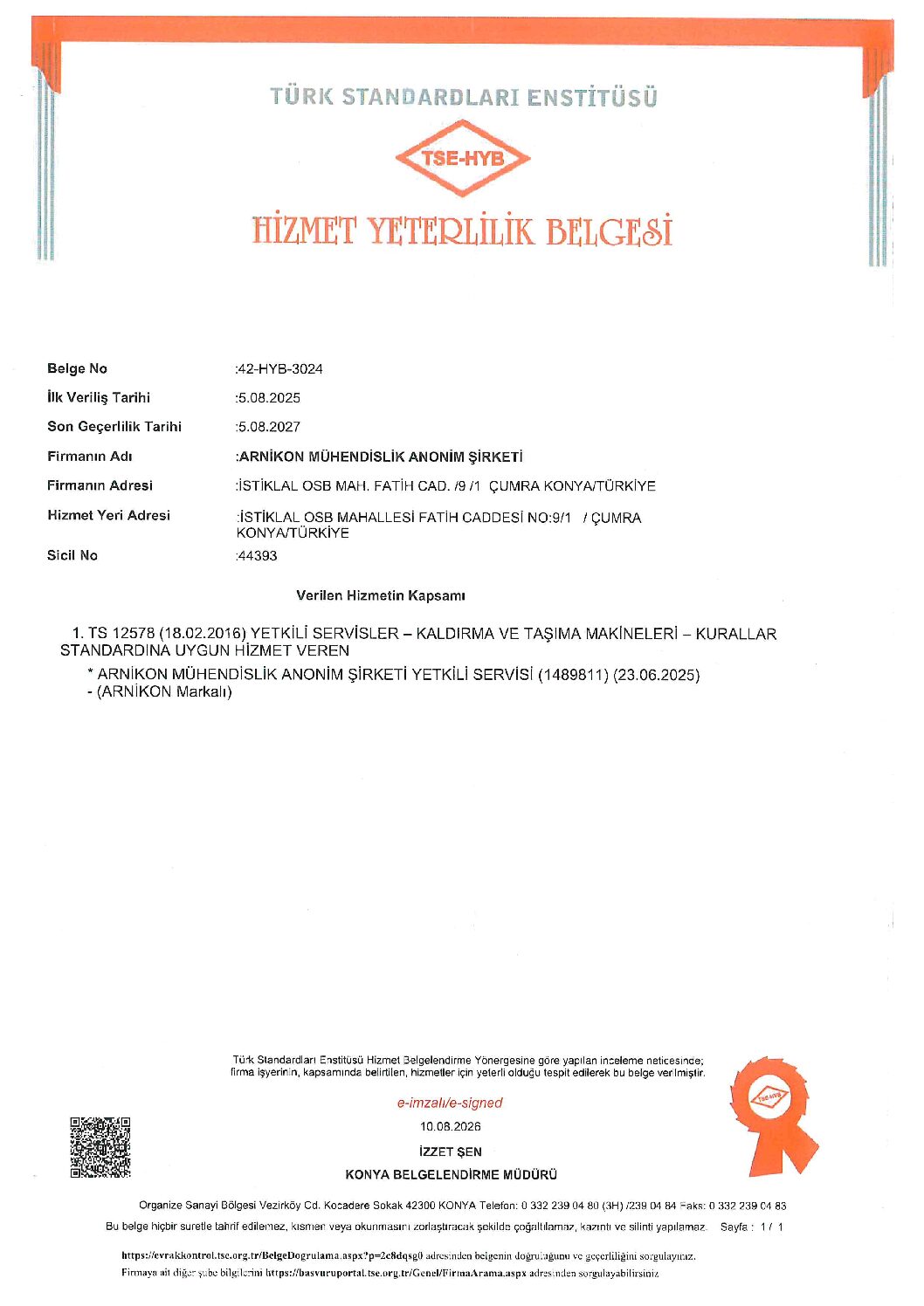 1. TSE HİZMET YETERLİLİK BELGESİ